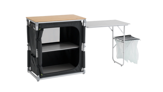 MUEBLE DE COCINA MÓVIL OUTWELL PADRES CON MESA LATERAL | ENCIMERA DE BAMBÚ | ARMARIO PLEGABLE COMPLETO