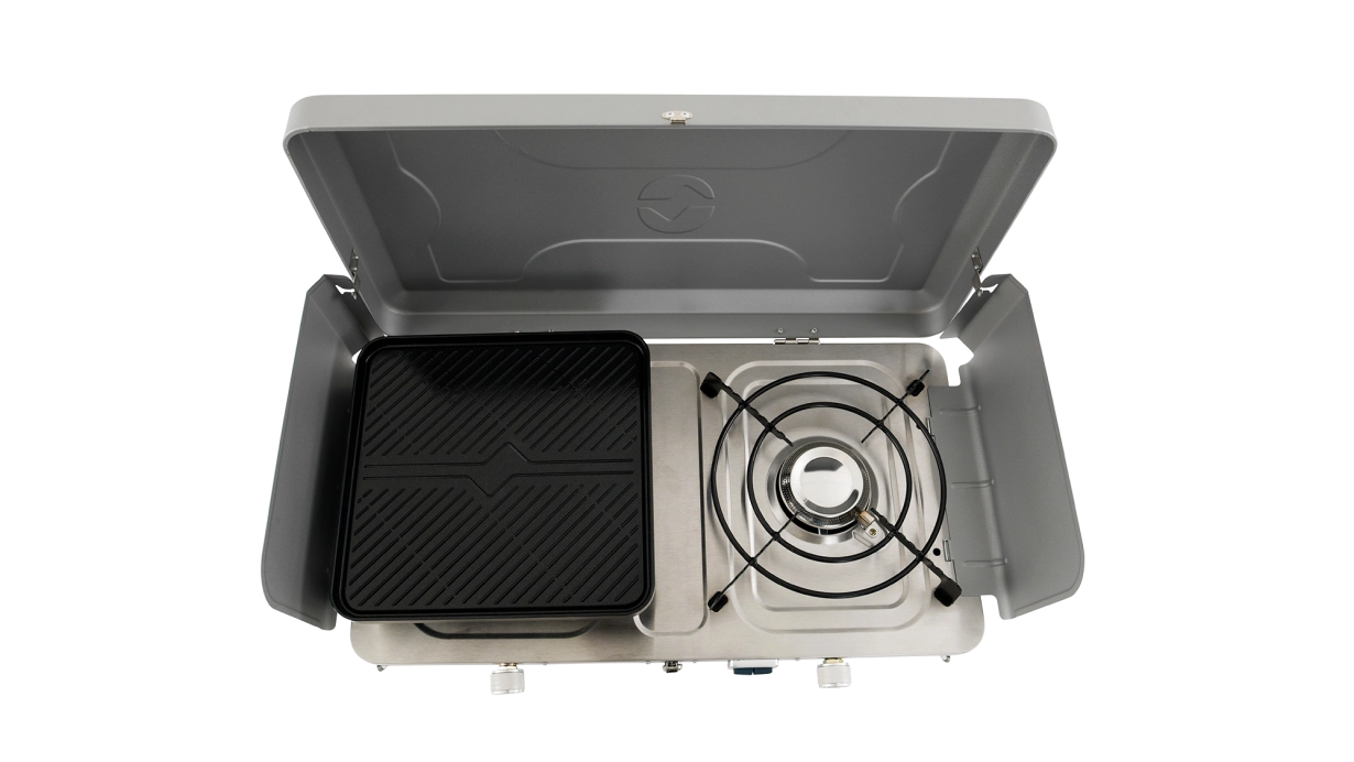 COCINA DE CAMPING PORTÁTIL DE DOBLE QUEMADOR OUTWELL | 2 X 3000W | CON PLANCHA Y PIEZO