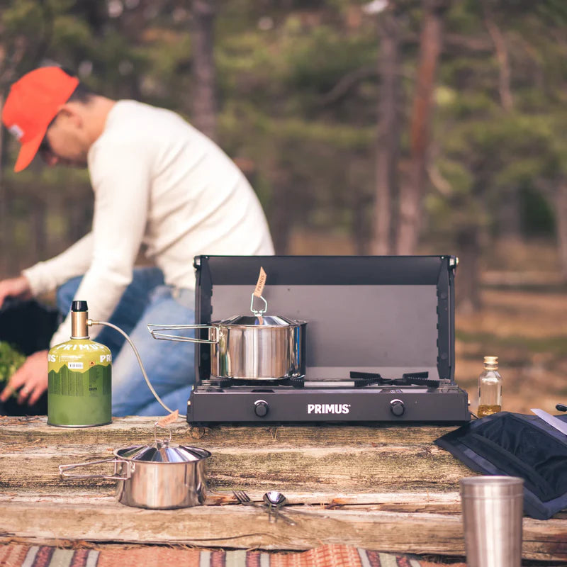 COCINA DE CAMPING DE DOBLE QUEMADOR COMPACTA KINJIA PRIMUS | 2 X 3000W | CIERRE CON ASA DE ROBLE