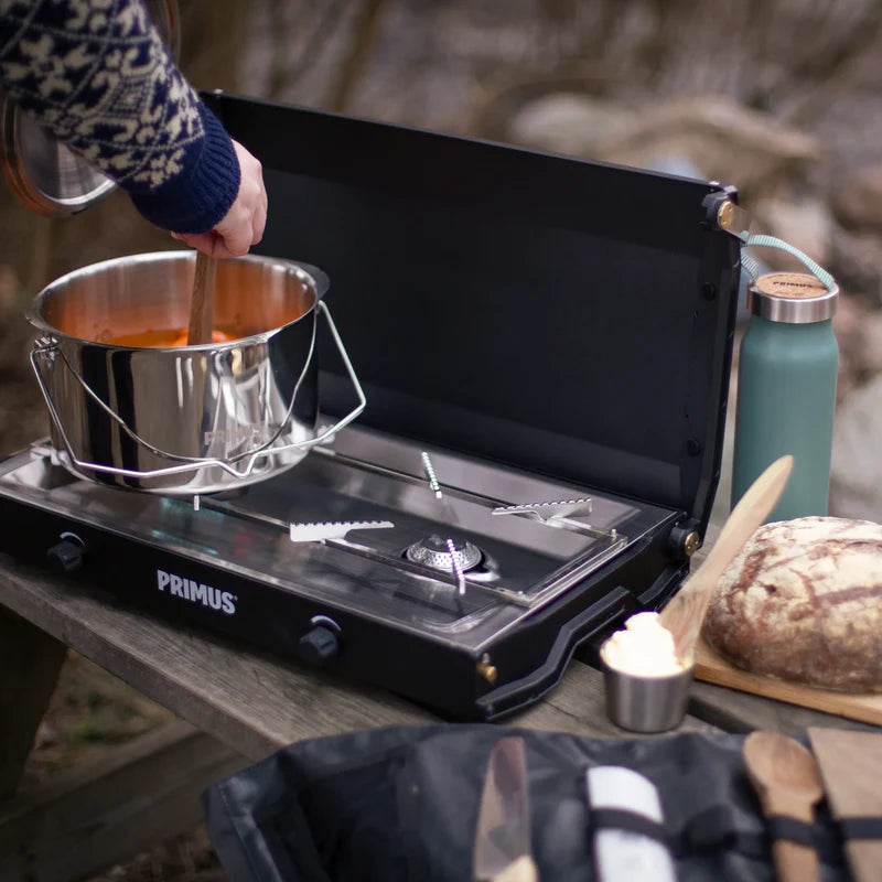 COCINA DE CAMPING DE DOBLE QUEMADOR COMPACTA KINJIA PRIMUS | 2 X 3000W | CIERRE CON ASA DE ROBLE
