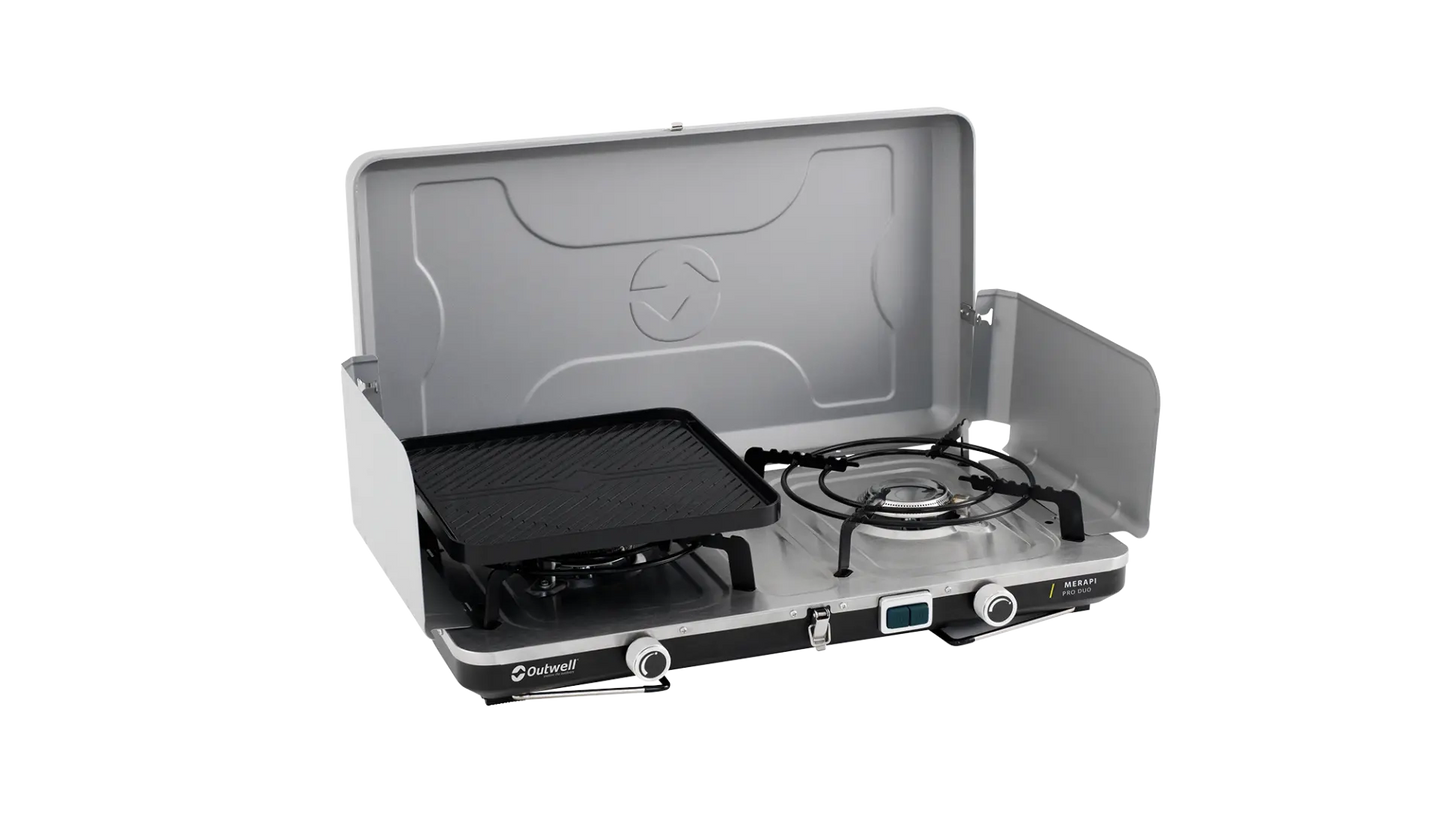 COCINA DE CAMPING PORTÁTIL DE DOBLE QUEMADOR OUTWELL | 2 X 3000W | CON PLANCHA Y PIEZO
