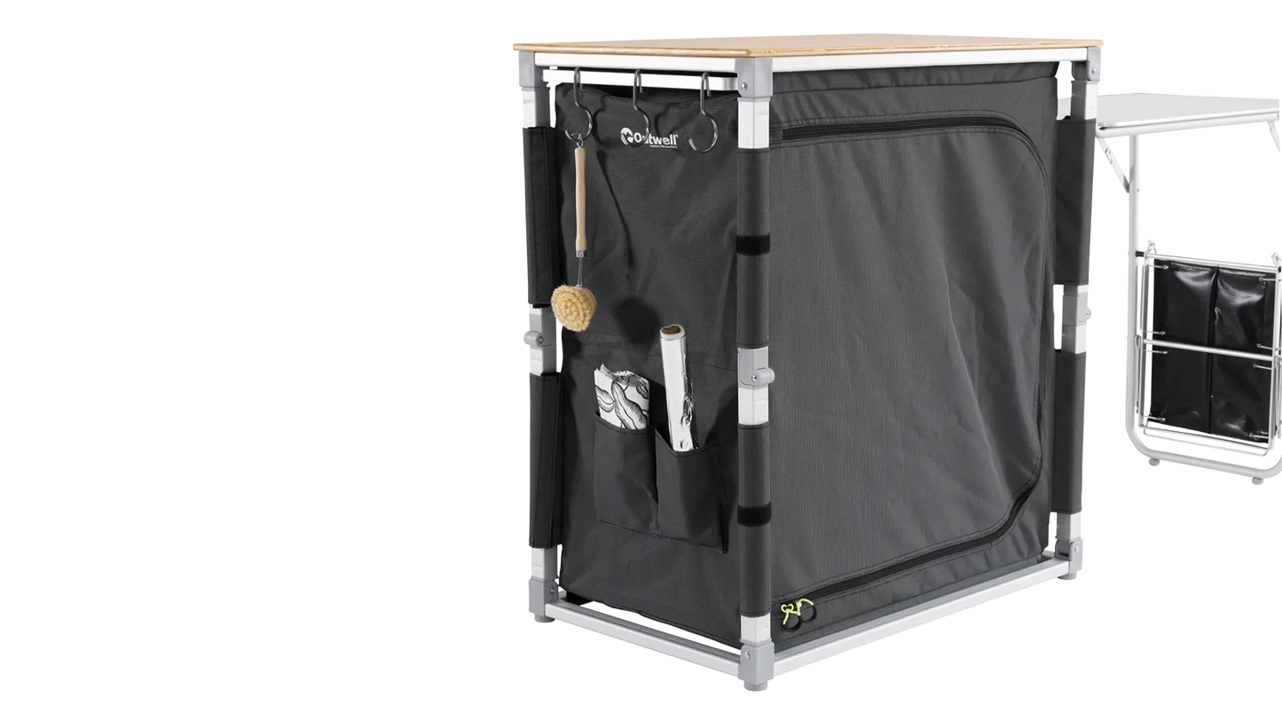 MUEBLE DE COCINA MÓVIL OUTWELL PADRES CON MESA LATERAL | ENCIMERA DE BAMBÚ | ARMARIO PLEGABLE COMPLETO