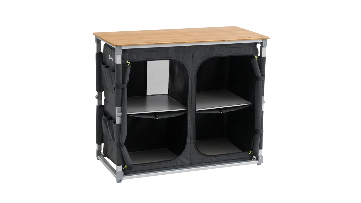 MUEBLE DE COCINA Y ALMACENAMIENTO OUTWELL PADRES XL | ENCIMERA DE BAMBÚ | ARMARIO PLEGABLE DE 4 ESTANTES
