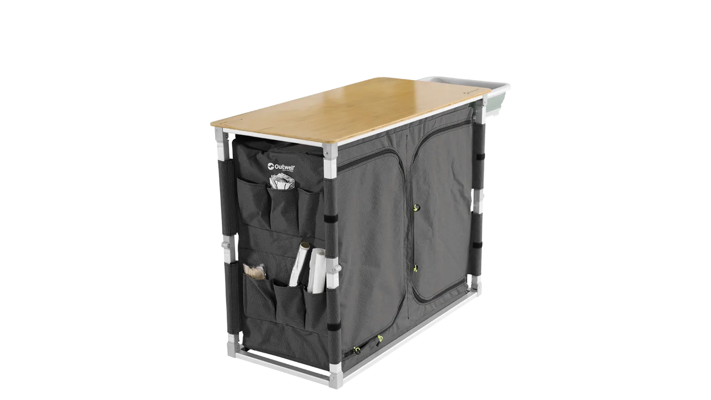MUEBLE DE COCINA Y ALMACENAMIENTO OUTWELL PADRES XL | ENCIMERA DE BAMBÚ | ARMARIO PLEGABLE DE 4 ESTANTES